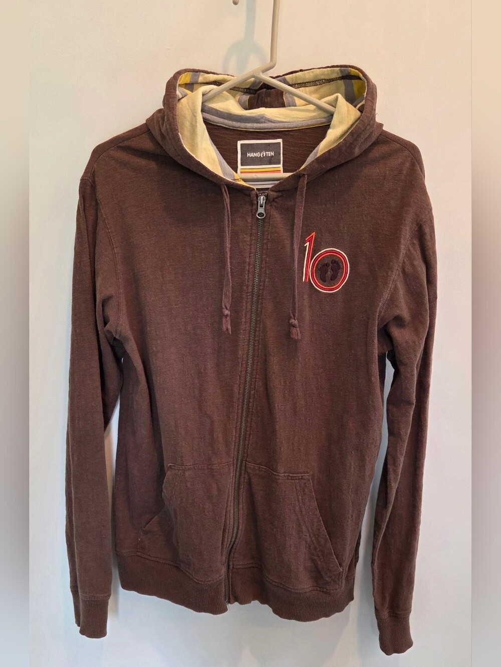 Vintage Men's Hang Ten Brown Zip-Up Retro Surf Hoodie with Hood Lining - Size M